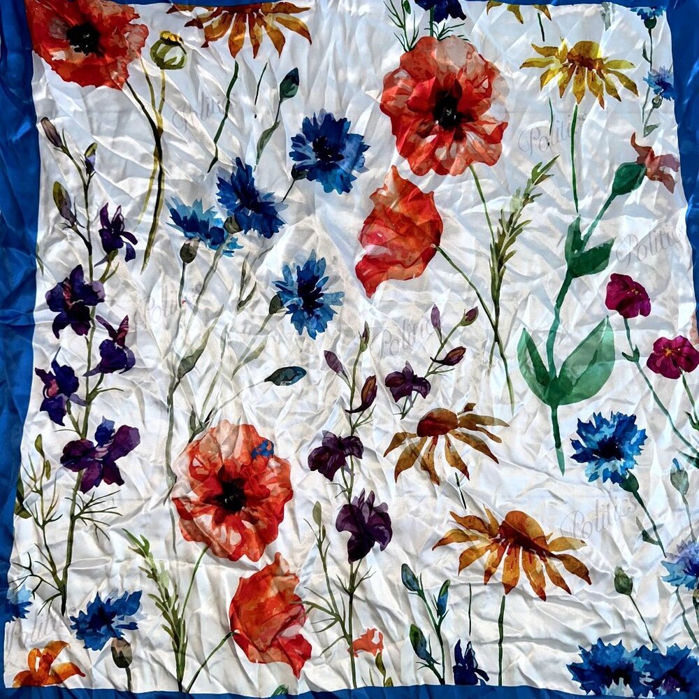 NWOT Politics White Blue Multi Floral Print Silk Blend Scarf Women's - Picture 4 of 8
